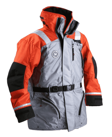 Orange and grey winter jacket with a belt around