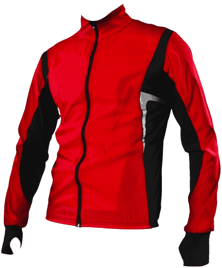 Red sports jacket with black on the side under the arms