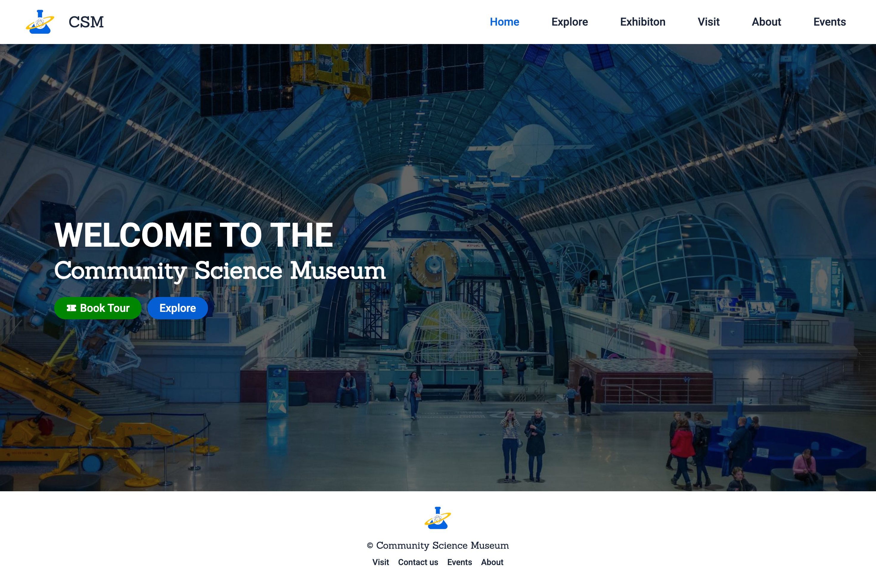 Community Science Museum homepage with interactive exhibition hall and navigation.