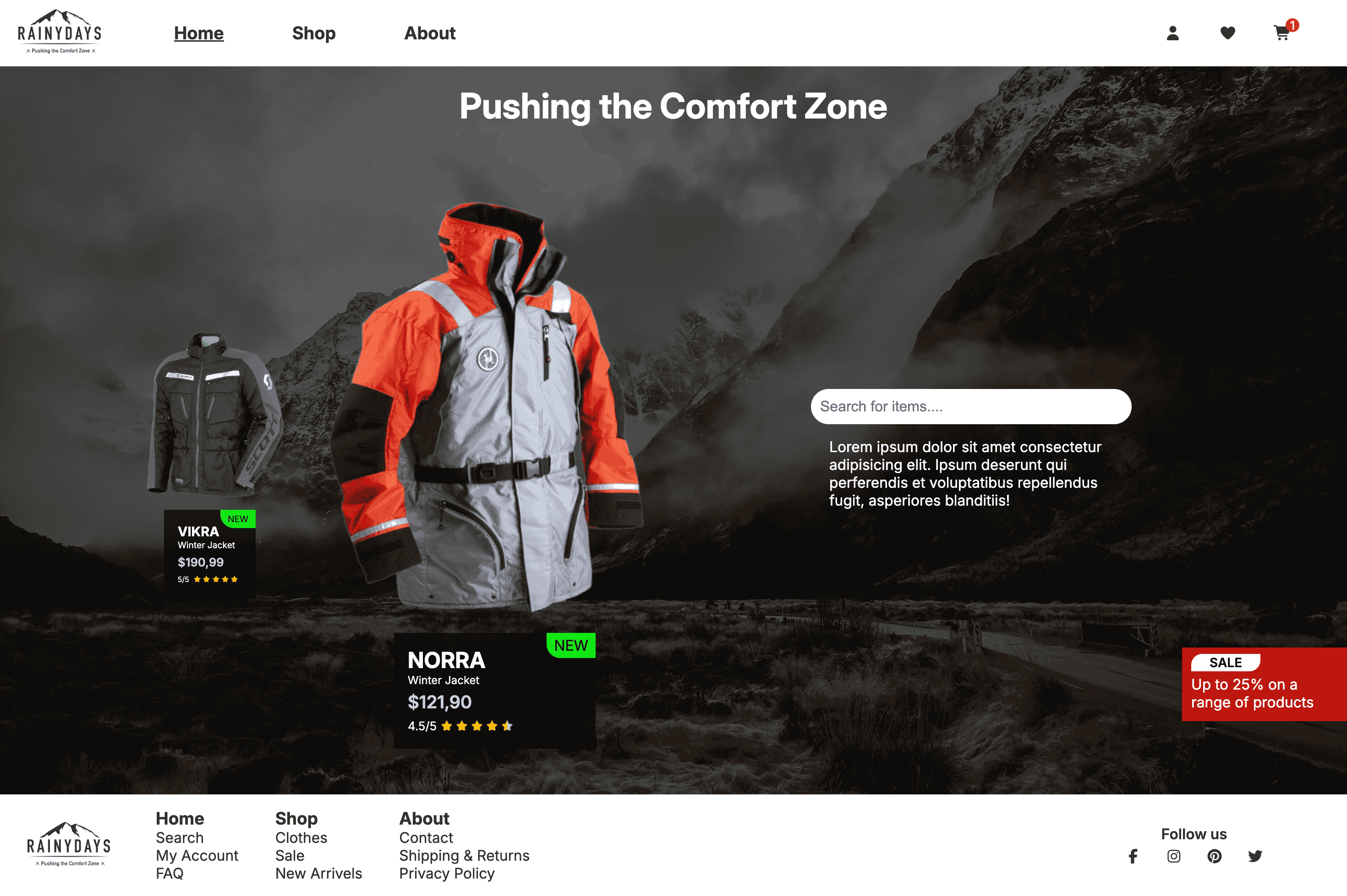 Homepage of an outdoor clothing store showcasing winter jackets with product prices, ratings, and a mountain background.